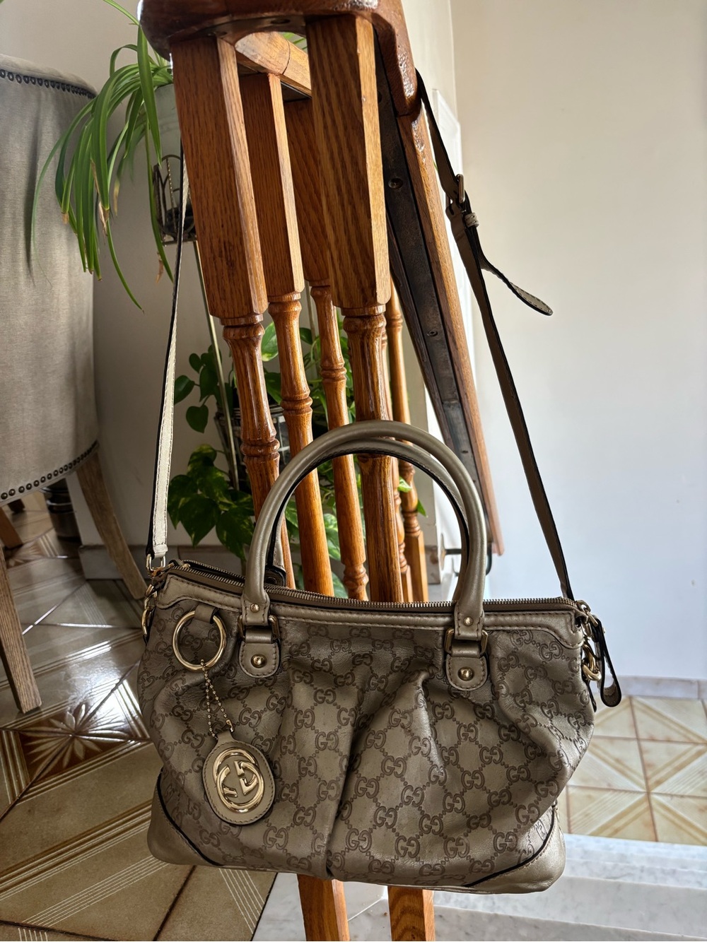 Gucci Metallic Taupe GG Monogram Satchel with Gold Charm